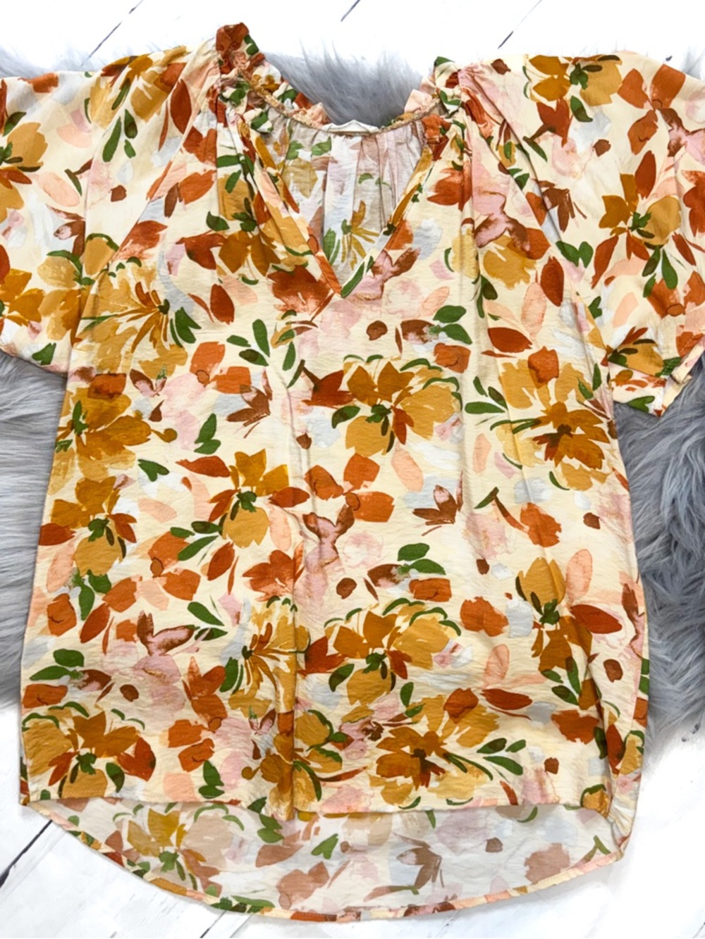 Floral Puff-Sleeve Peasant Blouse in Cream & Mustard